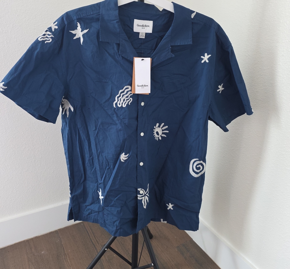 Goodfellow & Co Navy Short-Sleeve Button-Down with White Nautical Motifs